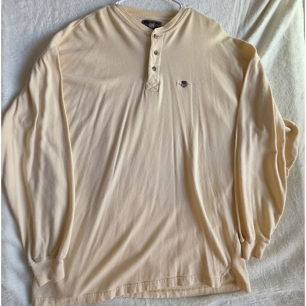 GANT USA Men's XL Henley Shirt Cream Long Sleeve 100% Cotton Embroidered Logo